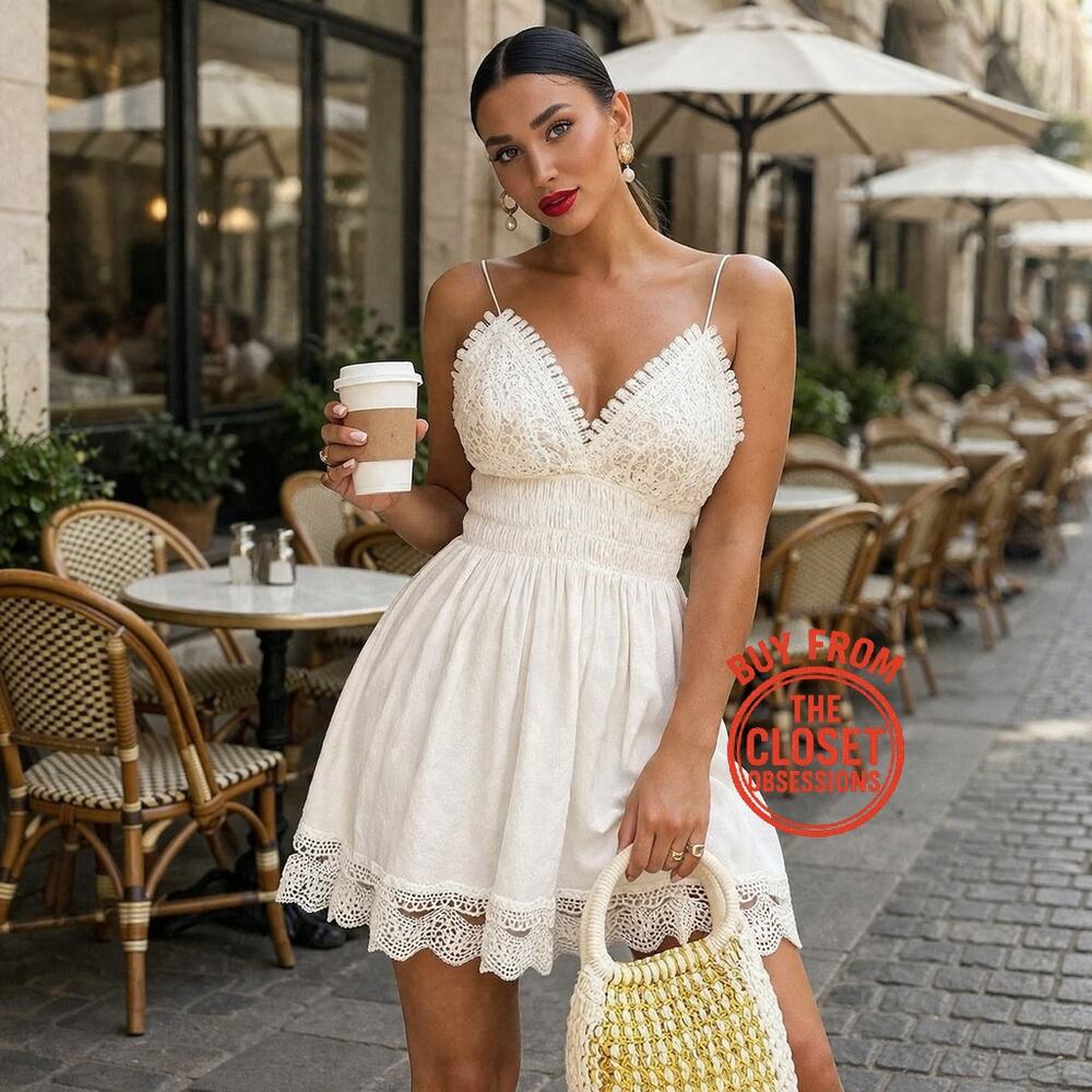ZARA White Crochet Smocked V-Neck Mini Dress NWT